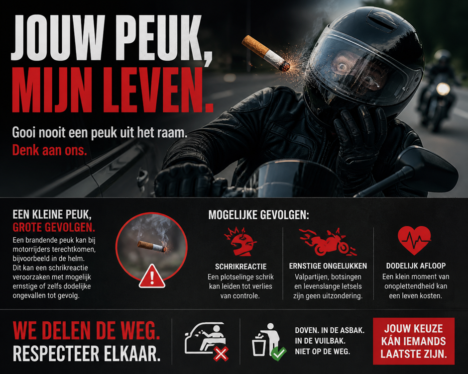 brandende weggegooide sigaret motorrijder